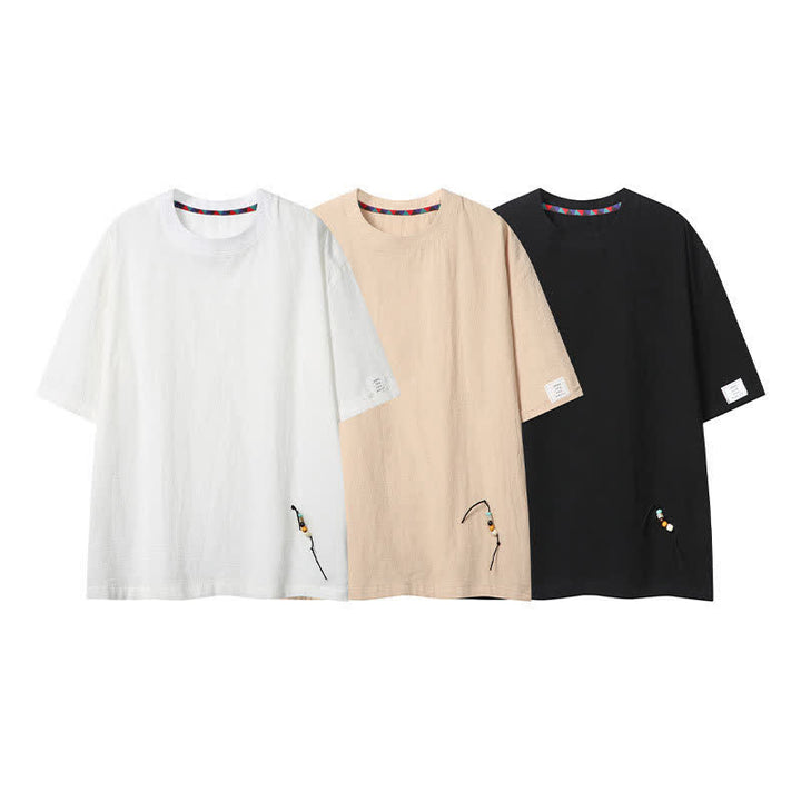 Buddha Stones 夏物カジュアルボヘミアン風ドローストリング無地メンズ半袖Tシャツ - image 16