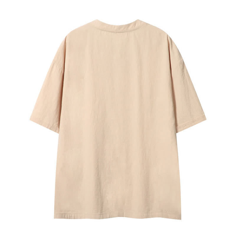 Buddha Stones 夏物カジュアルボヘミアン風ドローストリング無地メンズ半袖Tシャツ - image 1