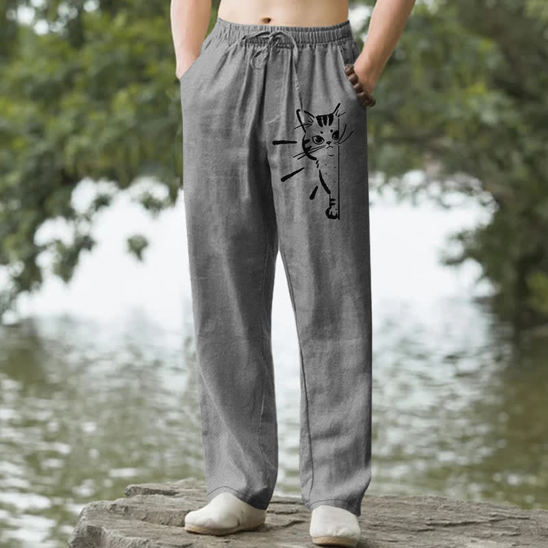 Buddha Stones コットン素材、黒猫スケッチ柄、メンズテーパードパンツ（ポケット付き） - グレー - US/UK/AU50、EU60（5XL） - image 0