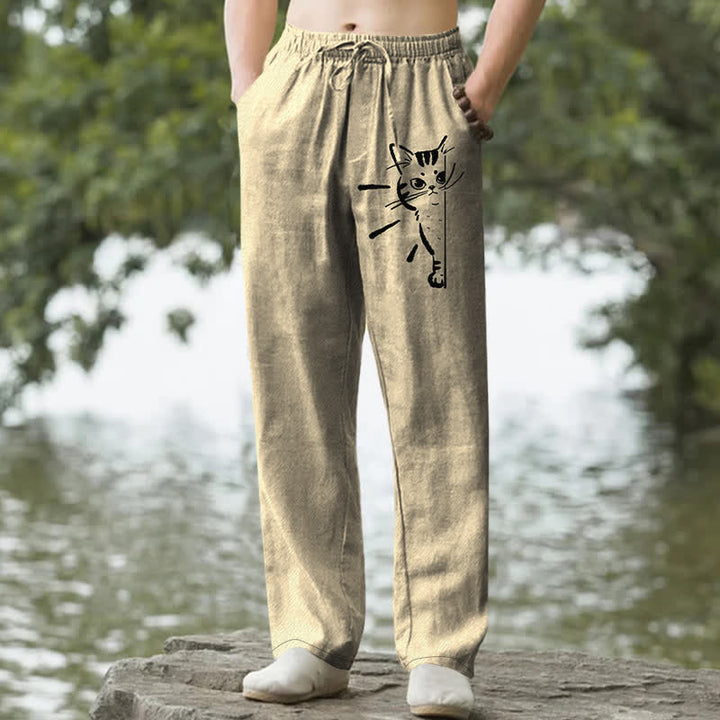 Buddha Stones コットン素材、黒猫スケッチ柄、メンズテーパードパンツ（ポケット付き） - カーキ - US/UK/AU50、EU60（5XL） - image 6