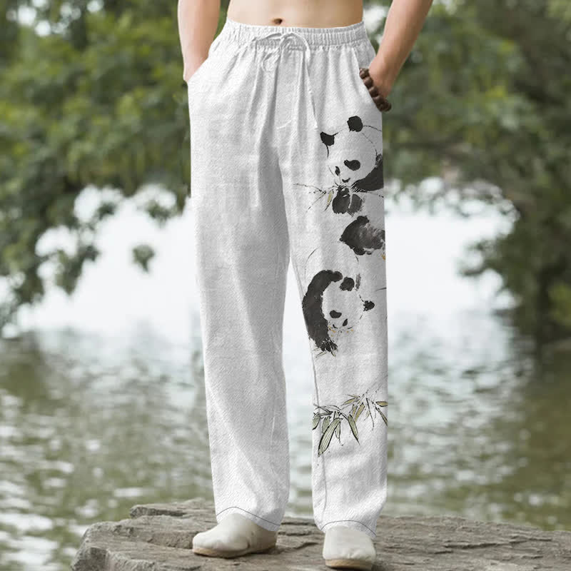 Buddha Stones コットンインク パンダ竹柄 メンズテーパードパンツ（ポケット付き） - 白 - US/UK/AU50、EU60（5XL） - image 0