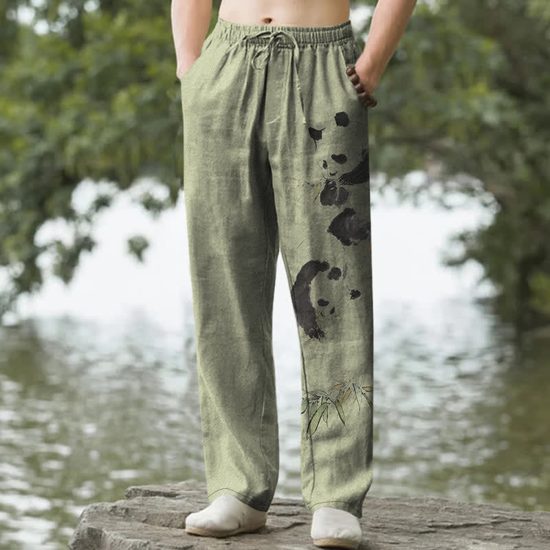 Buddha Stones コットンインク パンダ竹柄 メンズテーパードパンツ（ポケット付き） - オリーブドラブ - US/UK/AU50、EU60（5XL） - image 4
