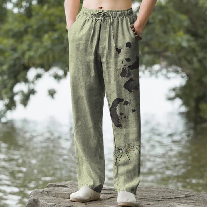 Buddha Stones コットンインク パンダ竹柄 メンズテーパードパンツ（ポケット付き） - オリーブドラブ - US/UK/AU50、EU60（5XL） - image 4