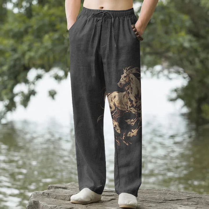 Buddha Stones 綿素材、金色の走る馬の柄、メンズテーパードパンツ（ポケット付き） - 黒 - US/UK/AU50、EU60（5XL） - image 4