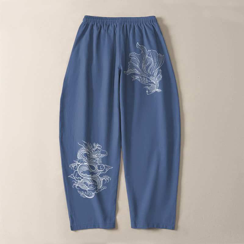 Buddha Stones 純綿鯉龍柄ドローストリング付きメンズテーパードパンツ（ポケット付き） - image 3