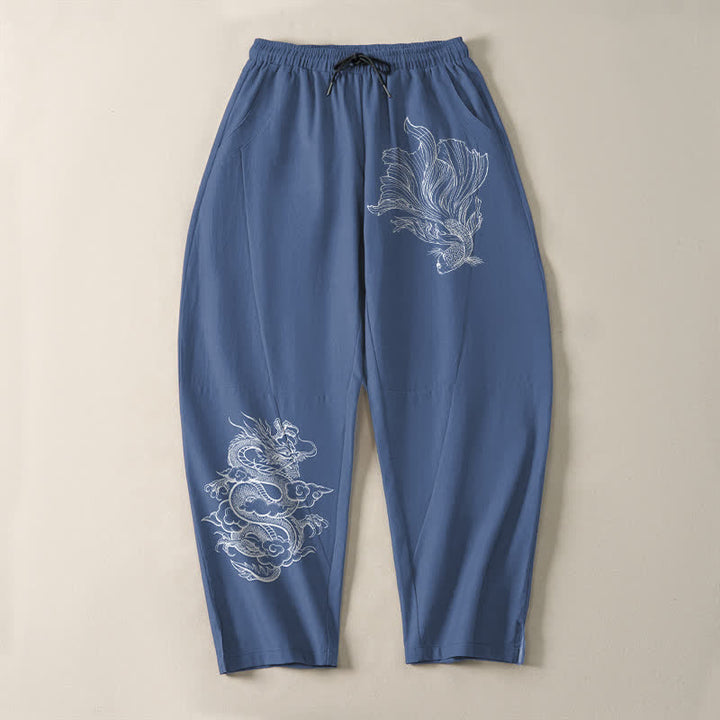 Buddha Stones 純綿鯉龍柄ドローストリング付きメンズテーパードパンツ（ポケット付き） - image 2
