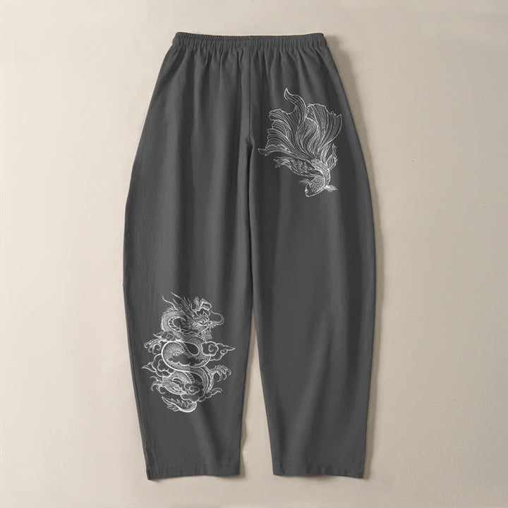 Buddha Stones 純綿鯉龍柄ドローストリング付きメンズテーパードパンツ（ポケット付き） - image 10