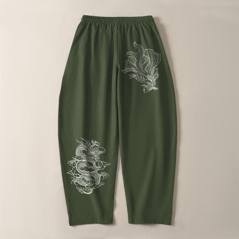 Buddha Stones 純綿鯉龍柄ドローストリング付きメンズテーパードパンツ（ポケット付き） - image 14