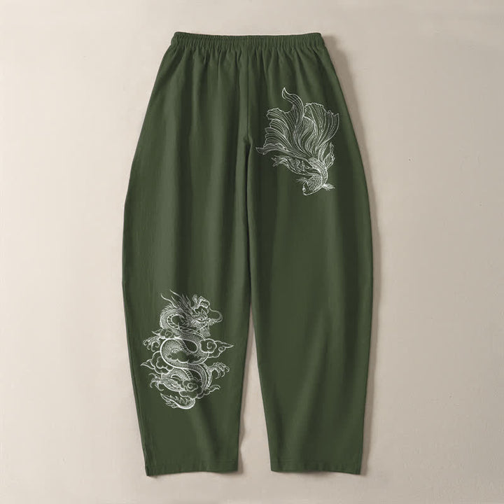 Buddha Stones 純綿鯉龍柄ドローストリング付きメンズテーパードパンツ（ポケット付き） - image 14