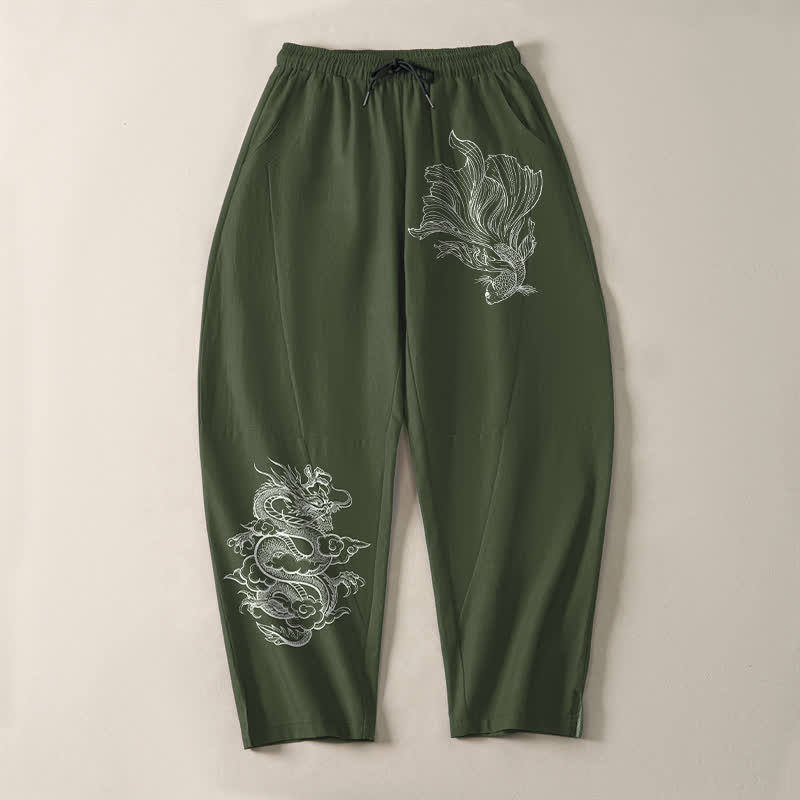 Buddha Stones 純綿鯉龍柄ドローストリング付きメンズテーパードパンツ（ポケット付き） - image 13