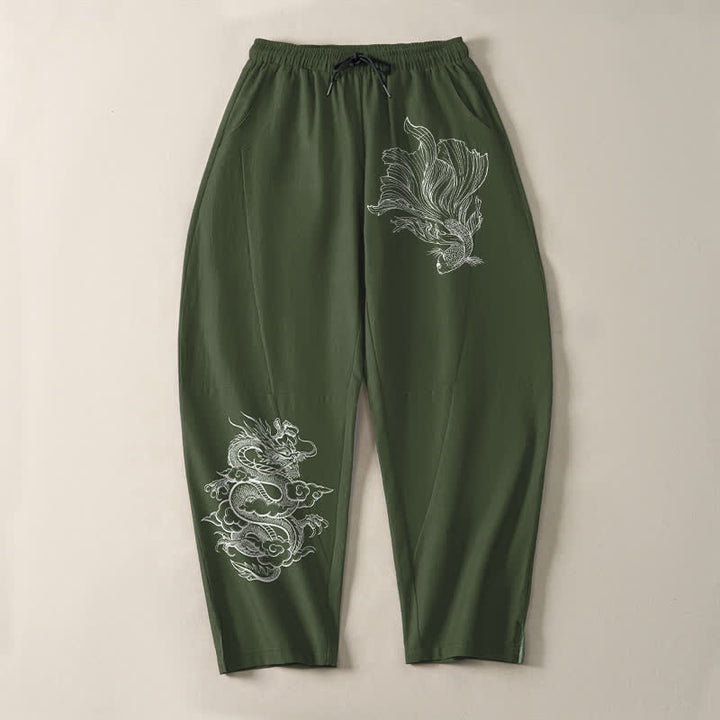 Buddha Stones 純綿鯉龍柄ドローストリング付きメンズテーパードパンツ（ポケット付き） - image 13