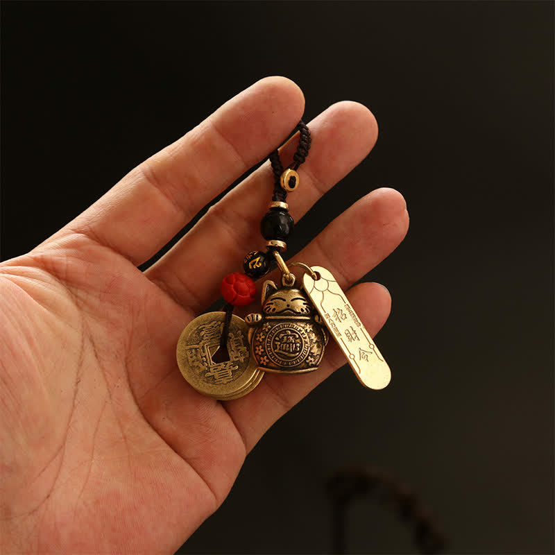 Buddha Stones 真鍮製招き猫中国コイン 富のキーホルダー - image 8
