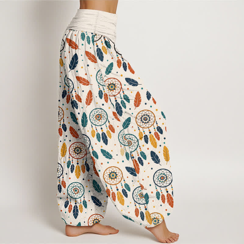 Buddha Stones コットン製ドリームキャッチャーフェザー柄レディースゴムウエストハーレムパンツ - image 1