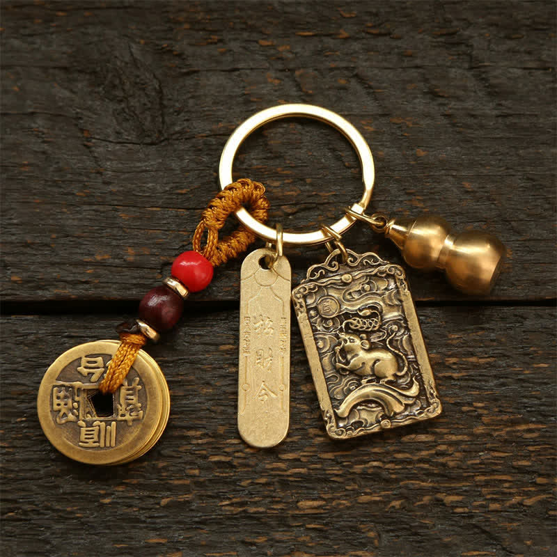 Buddha Stones 銅製の中国十二支五帝コイン入りひょうたん型キーホルダー - ねずみ - image 1