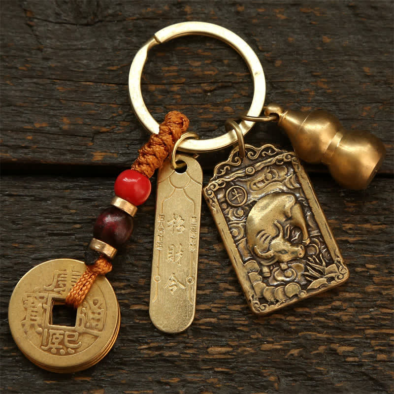 Buddha Stones 銅製の中国十二支五帝コイン入りひょうたん型キーホルダー - 牛 - image 2
