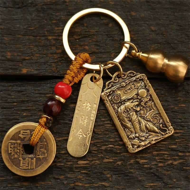 Buddha Stones 銅製の中国十二支五帝コイン入りひょうたん型キーホルダー - 虎 - image 3