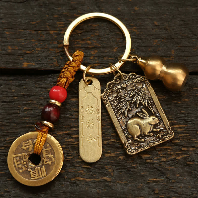 Buddha Stones 銅製の中国十二支五帝コイン入りひょうたん型キーホルダー - うさぎ - image 4