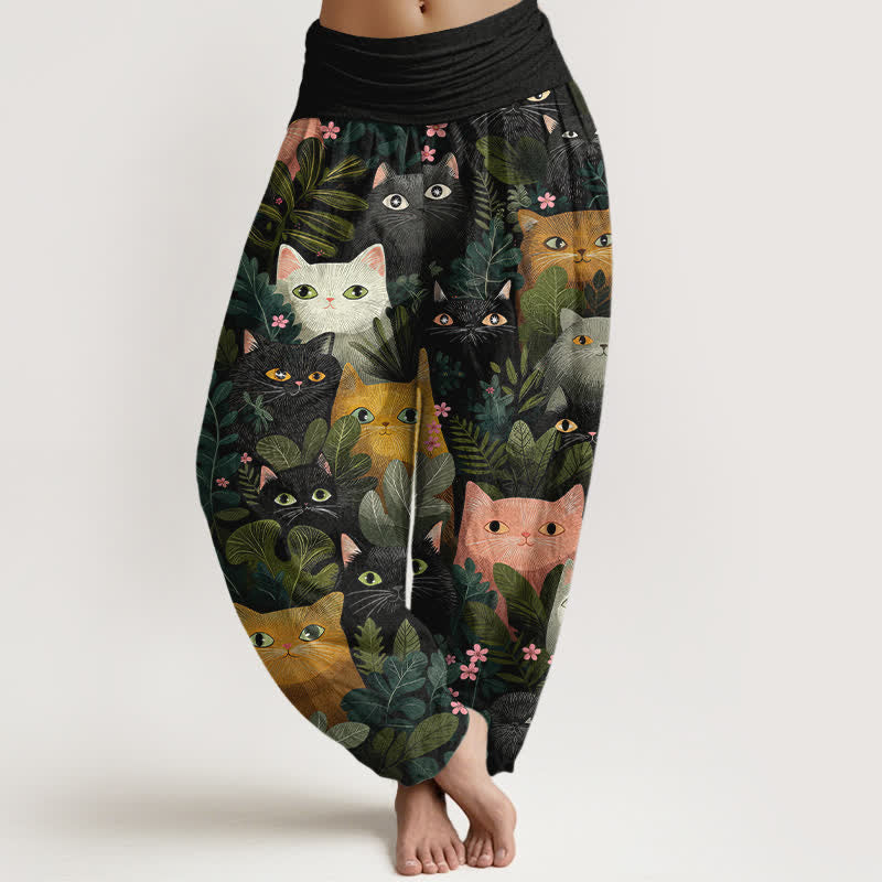 Buddha Stones コットン素材の猫と葉っぱ柄レディースゴムウエストハーレムパンツ - 黒 - US16、 UK/AU20、 EU48 (3XL) - image 0