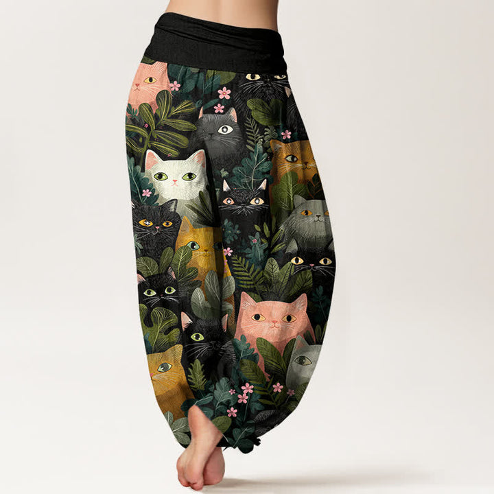 Buddha Stones コットン素材の猫と葉っぱ柄レディースゴムウエストハーレムパンツ - image 2