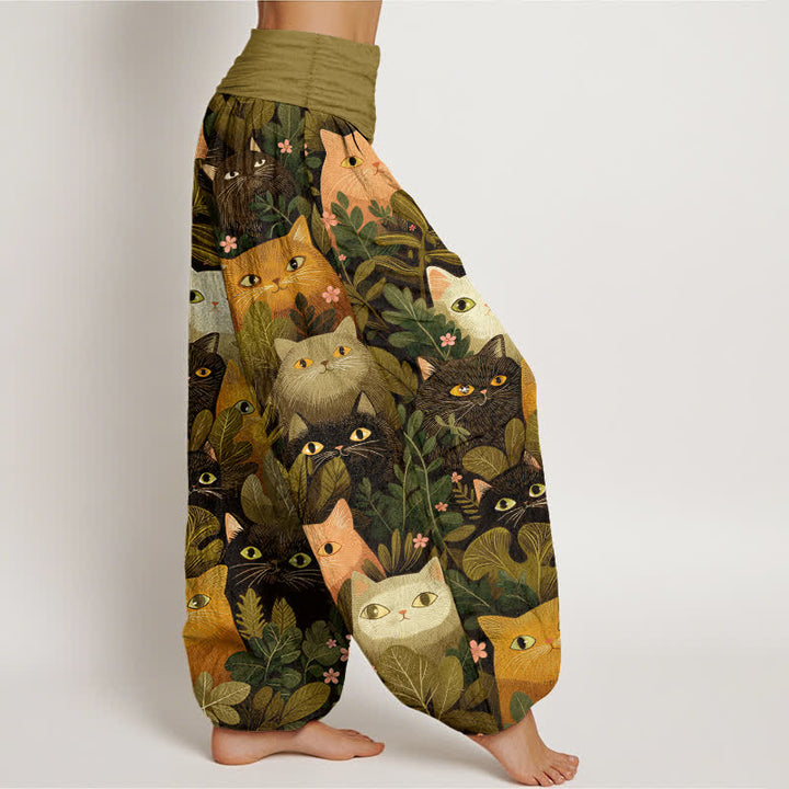 Buddha Stones コットン素材の猫と葉っぱ柄レディースゴムウエストハーレムパンツ - image 6