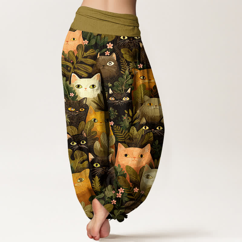 Buddha Stones コットン素材の猫と葉っぱ柄レディースゴムウエストハーレムパンツ - image 7