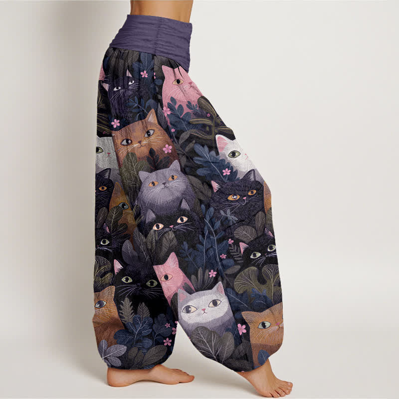Buddha Stones コットン素材の猫と葉っぱ柄レディースゴムウエストハーレムパンツ - image 9
