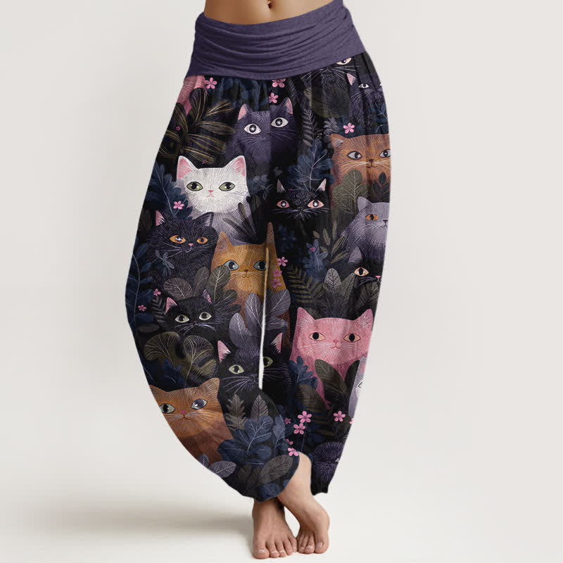 Buddha Stones コットン素材の猫と葉っぱ柄レディースゴムウエストハーレムパンツ - ブルーバイオレット - US16、 UK/AU20、 EU48 (3XL) - image 8