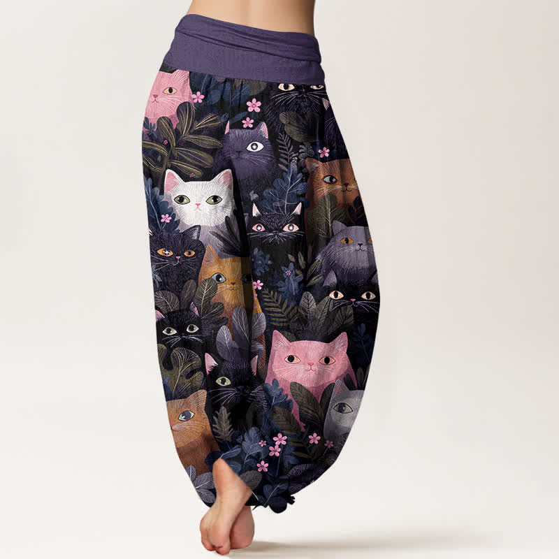 Buddha Stones コットン素材の猫と葉っぱ柄レディースゴムウエストハーレムパンツ - image 10