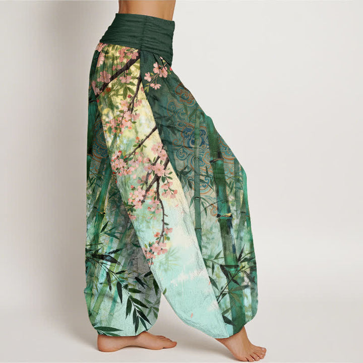 Buddha Stones コットン竹素材、桜柄、ウエストゴム入りレディースハーレムパンツ - image 1