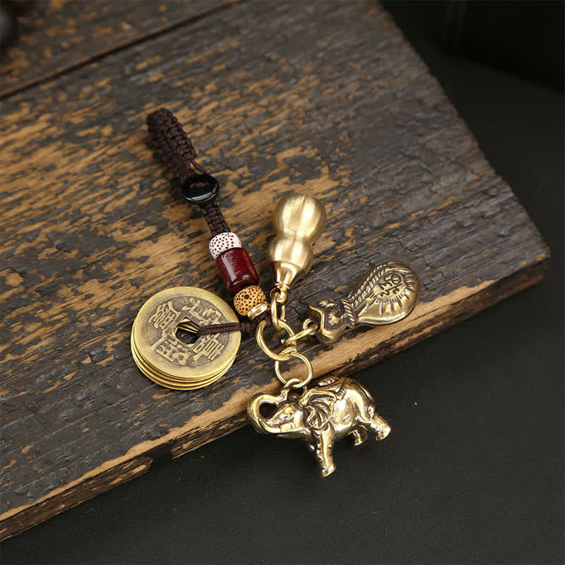 Buddha Stones 真鍮製の象、五帝銭、ひょうたん、貔貅（ひきゅう）の知恵のキーホルダー - コイン、お金、袋、ひょうたん - image 1