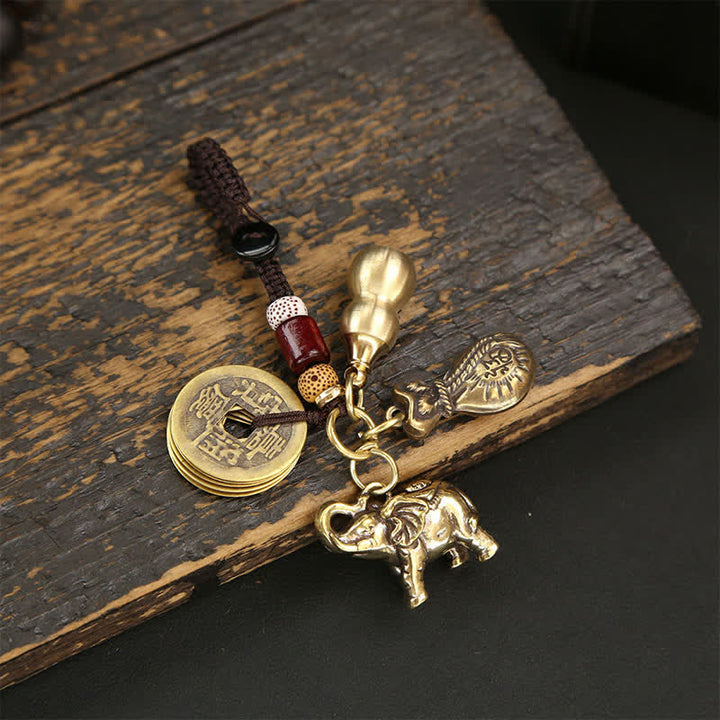 Buddha Stones 真鍮製の象、五帝銭、ひょうたん、貔貅（ひきゅう）の知恵のキーホルダー - コイン、お金、袋、ひょうたん - image 1