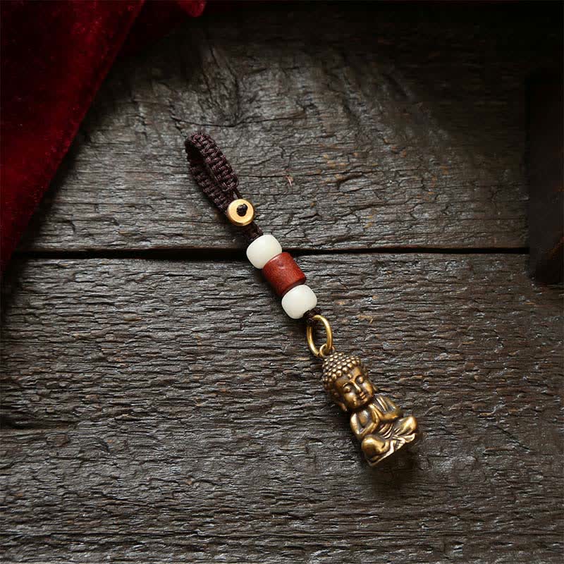 Buddha Stones 真鍮製仏像五帝銭編み紐慈悲キーホルダー - 白いビーズコード - image 1
