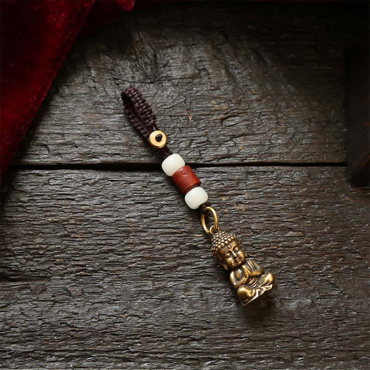 Buddha Stones 真鍮製仏像五帝銭編み紐慈悲キーホルダー - 白いビーズコード - image 1