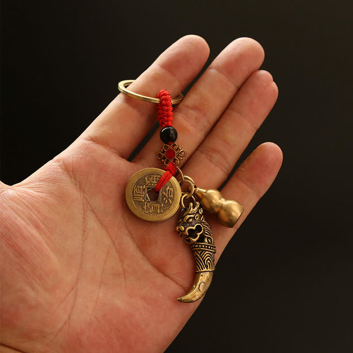 Buddha Stones 銅製貔貅編み五帝銭ひょうたん富のキーホルダー - image 1