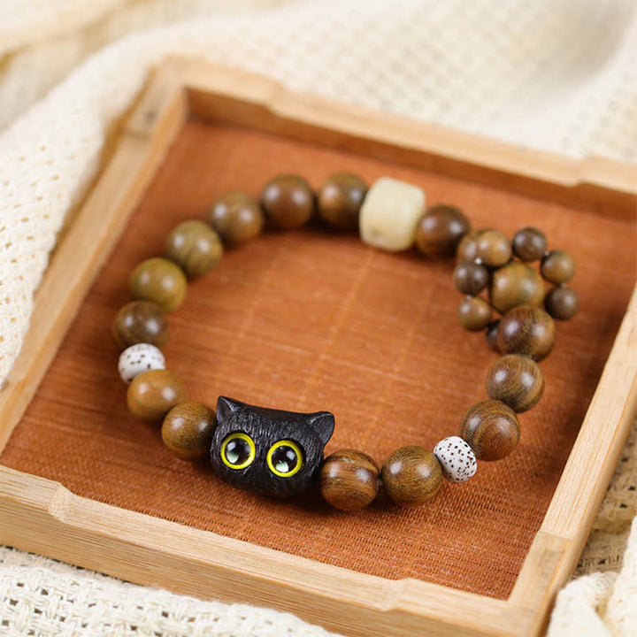 Buddha Stones 黒檀の招き猫のグラウンディングビーズブレスレット - 黒の招き猫 - image 0