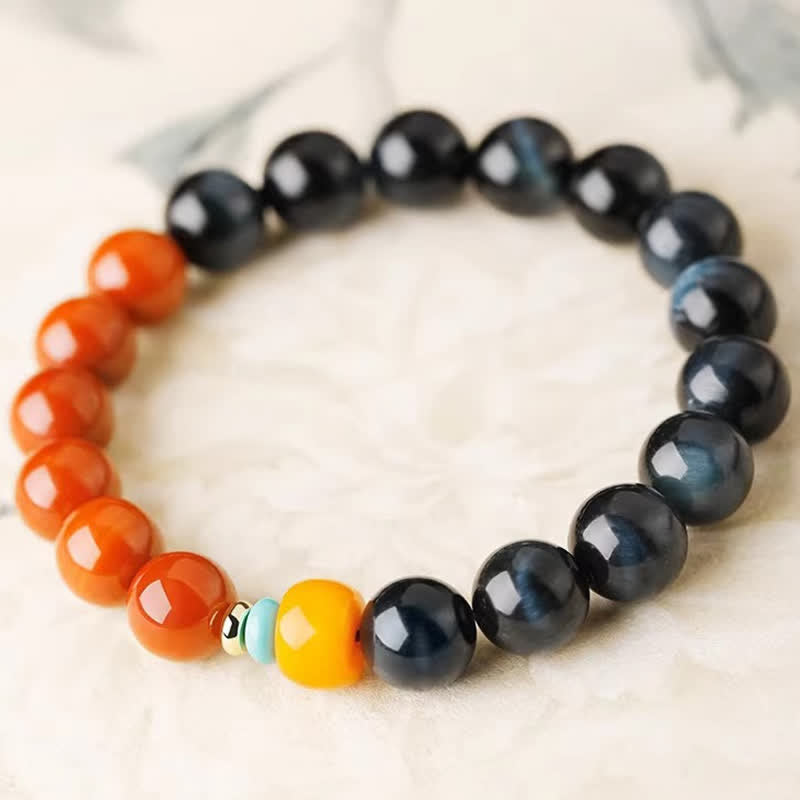 Buddha Stones ブルータイガーアイとサウスレッドアゲートのパワーラウンドビーズブレスレット - image 1