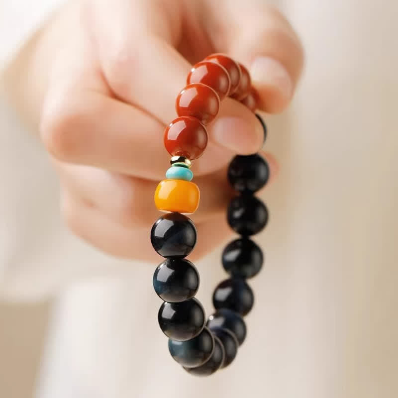 Buddha Stones ブルータイガーアイとサウスレッドアゲートのパワーラウンドビーズブレスレット - image 9