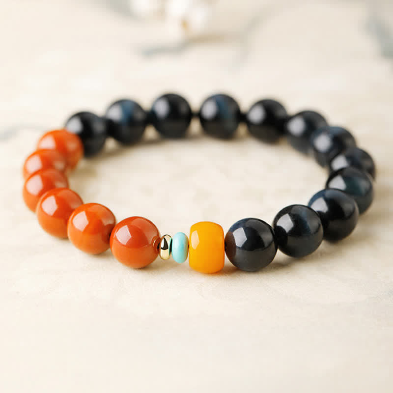 Buddha Stones ブルータイガーアイとサウスレッドアゲートのパワーラウンドビーズブレスレット - 南赤瑪瑙（幸運繁栄♥力） - image 0