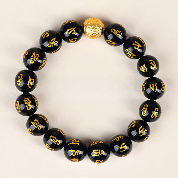 Buddha Stones 黒曜石のオム・オーム・マニ・パドメ・フム強さブレスレット - 12mm - image 2