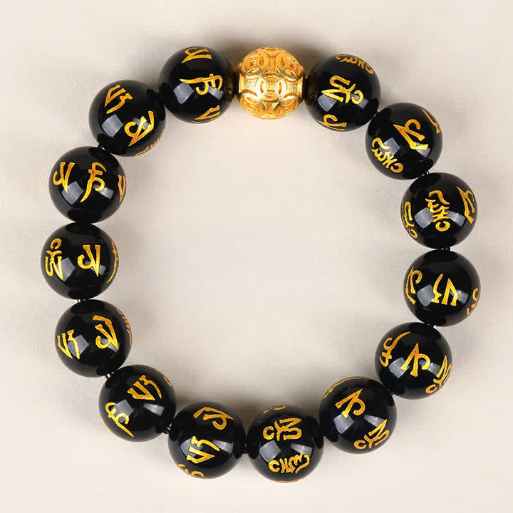 Buddha Stones 黒曜石のオム・オーム・マニ・パドメ・フム強さブレスレット - 14mm - image 9