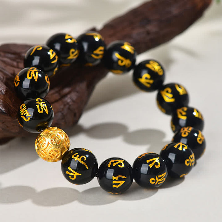 Buddha Stones 黒曜石のオム・オーム・マニ・パドメ・フム強さブレスレット - image 12
