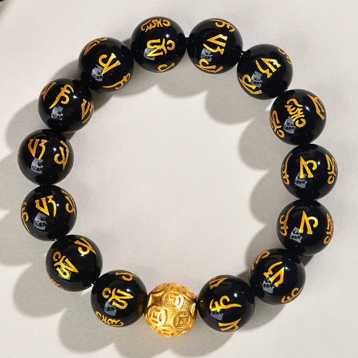 Buddha Stones 黒曜石のオム・オーム・マニ・パドメ・フム強さブレスレット - image 10