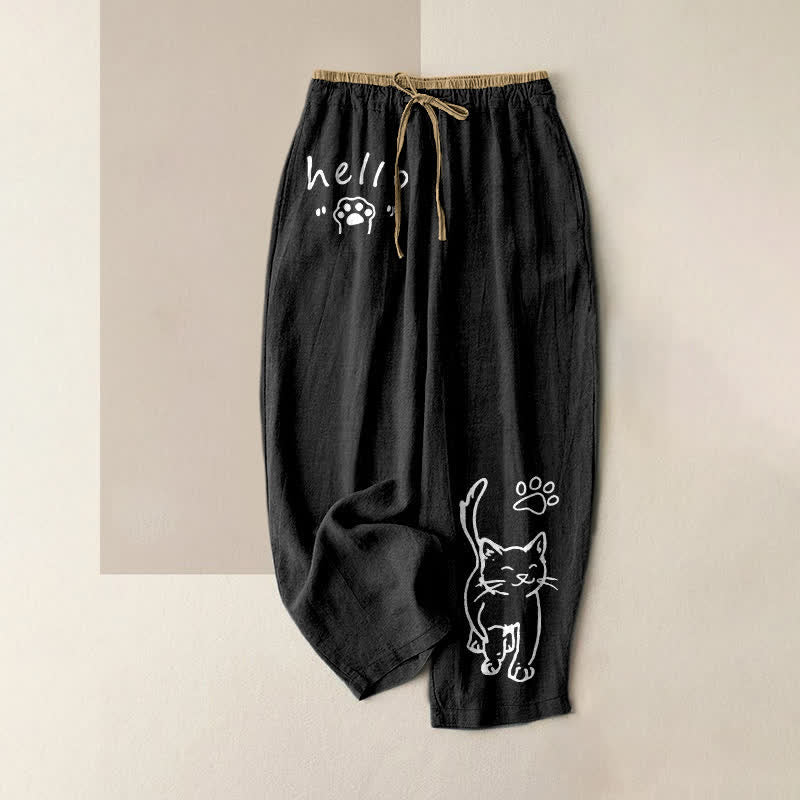 Buddha Stones 純綿素材、ハローキャットパウ柄、ウエストゴム入り、ポケット付きレディースパンツ - 黒 - US16、 UK/AU20、 EU48 (3XL) - image 0