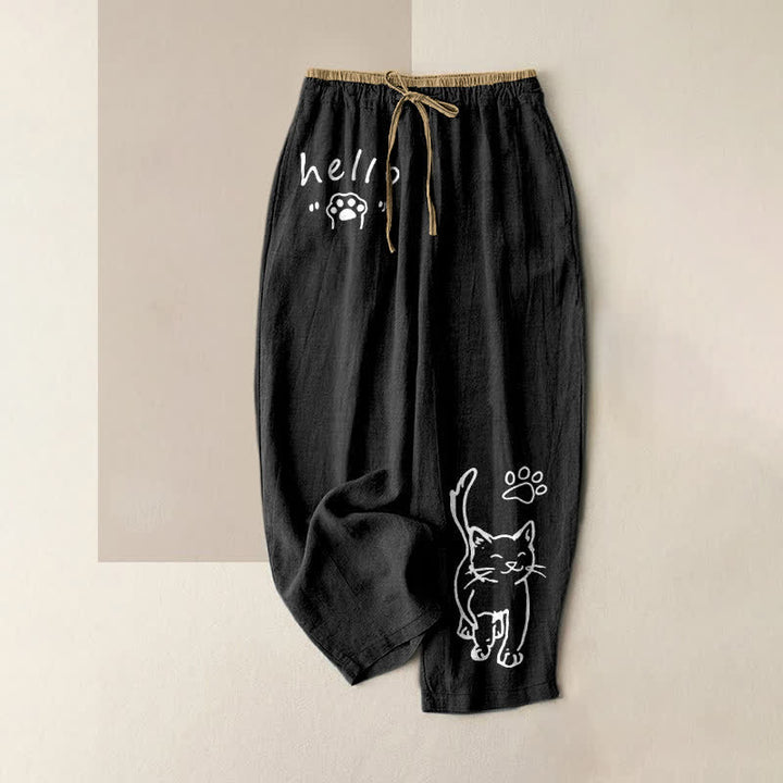 Buddha Stones 純綿素材、ハローキャットパウ柄、ウエストゴム入り、ポケット付きレディースパンツ - 黒 - US16、 UK/AU20、 EU48 (3XL) - image 0