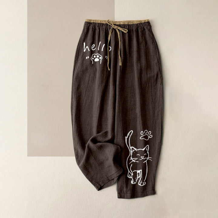 Buddha Stones 純綿素材、ハローキャットパウ柄、ウエストゴム入り、ポケット付きレディースパンツ - サドルブラウン - US16、 UK/AU20、 EU48 (3XL) - image 5