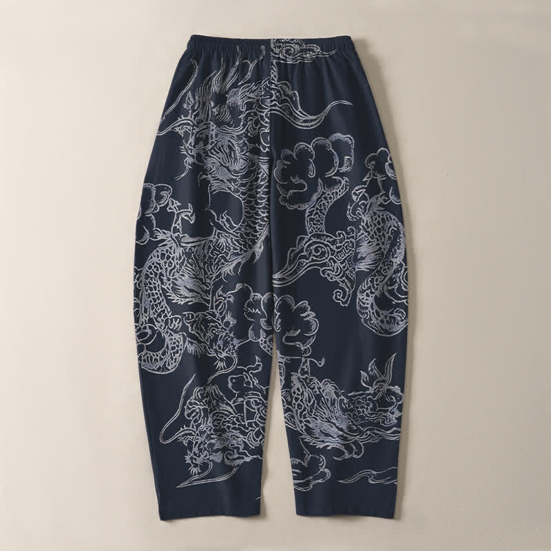 Buddha Stones 純綿素材、龍雲柄、ドローストリング付き、ポケット付きメンズテーパードパンツ - image 3