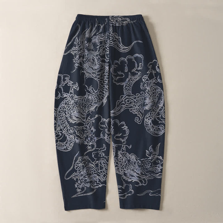 Buddha Stones 純綿素材、龍雲柄、ドローストリング付き、ポケット付きメンズテーパードパンツ - image 3