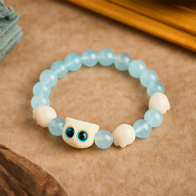 Buddha Stones ブルーカルセドニーの手彫り猫の純潔ビーズブレスレット - image 1