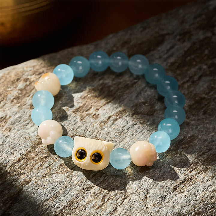 Buddha Stones ブルーカルセドニーの手彫り猫の純潔ビーズブレスレット - image 13