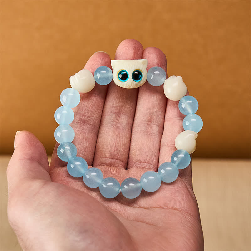 Buddha Stones ブルーカルセドニーの手彫り猫の純潔ビーズブレスレット - image 5